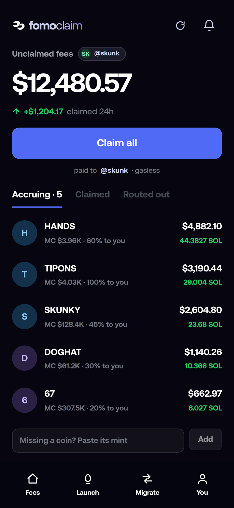 Unclaimed fees for a fomo username