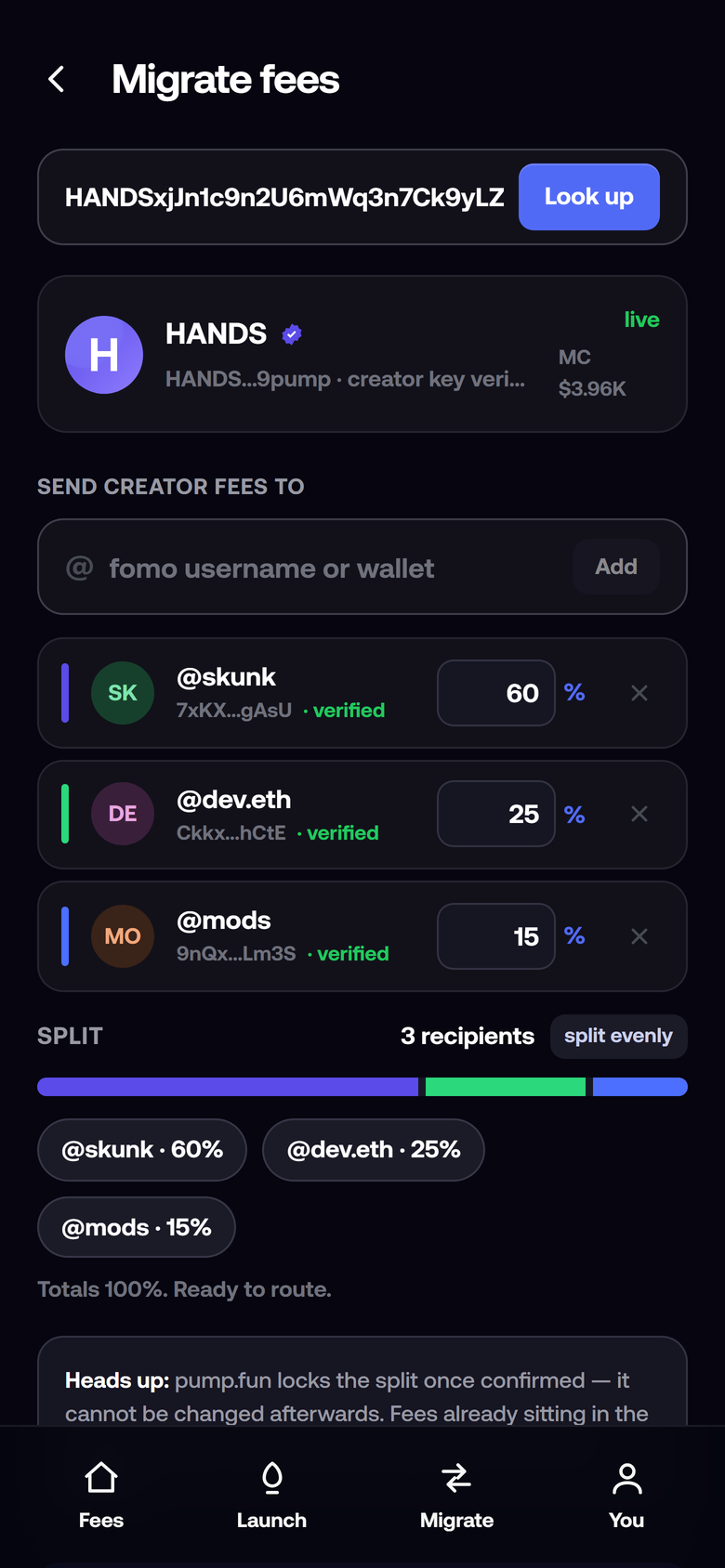 Route creator fees to fomo usernames