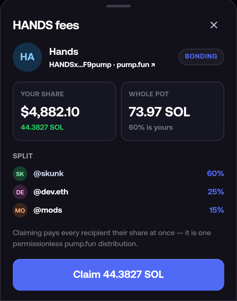 Claim sheet showing your share of the fee pot